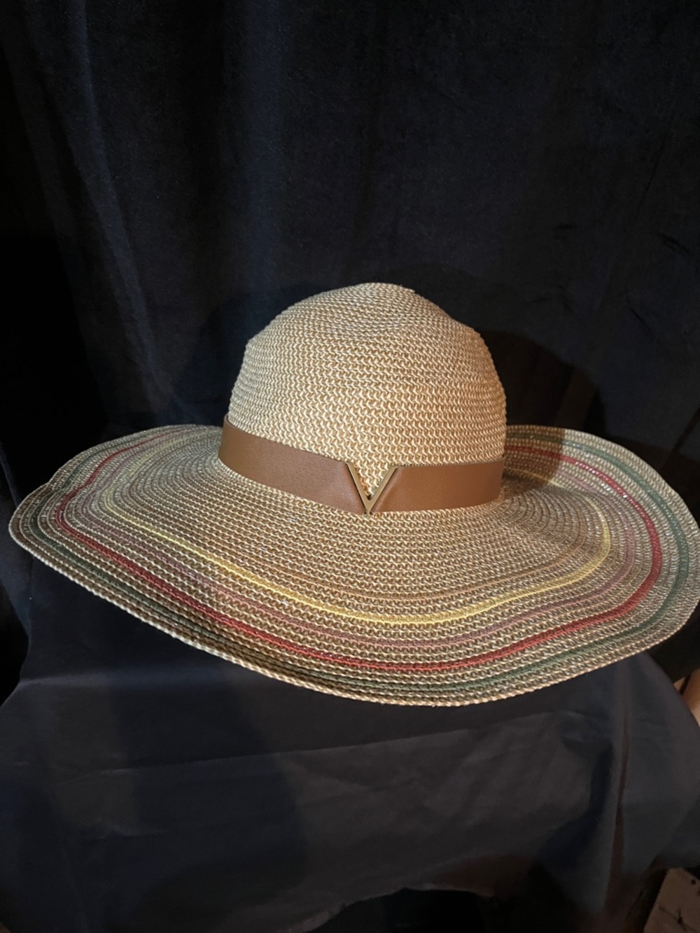 Vince Camuto Straw Sun Hat with V Accent - Natural/Tan/Multicolor Brim